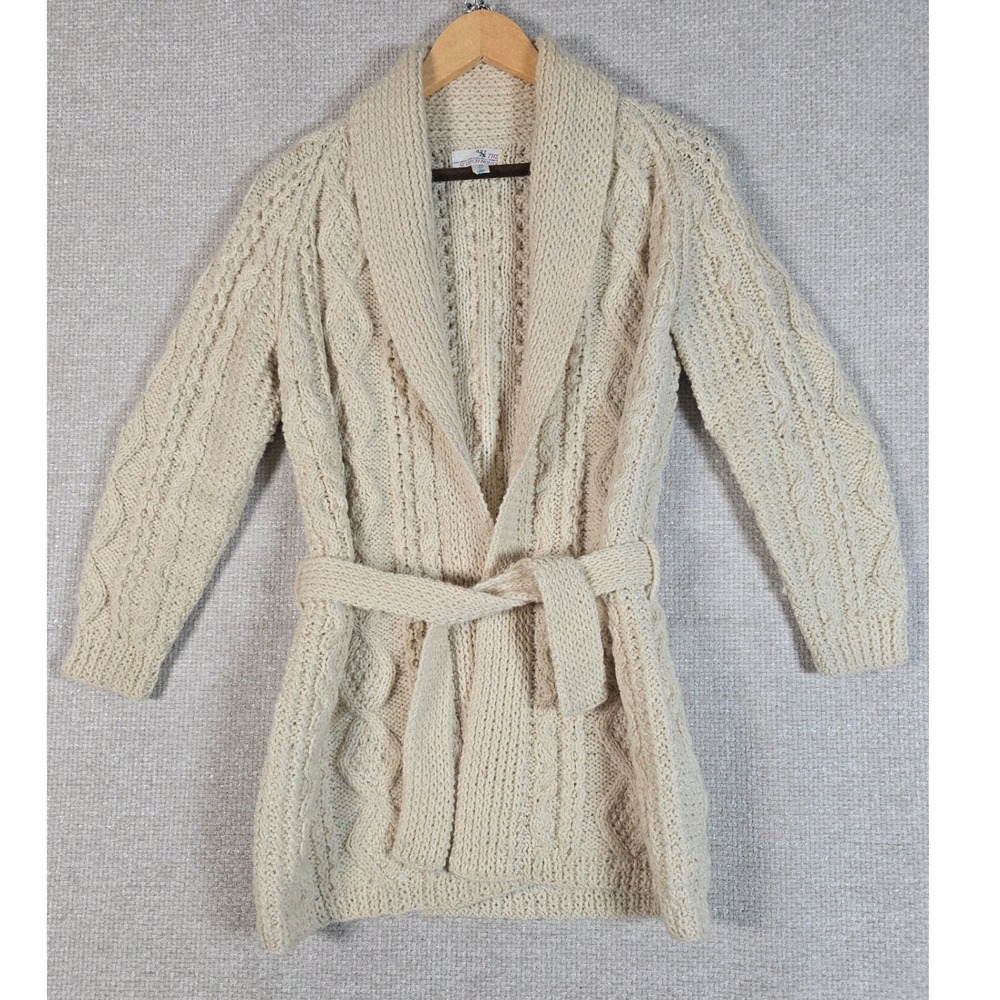 Vtg The Scotch House London Wool Cable Knit Belted Cardigan‎ Ivory Sweater M